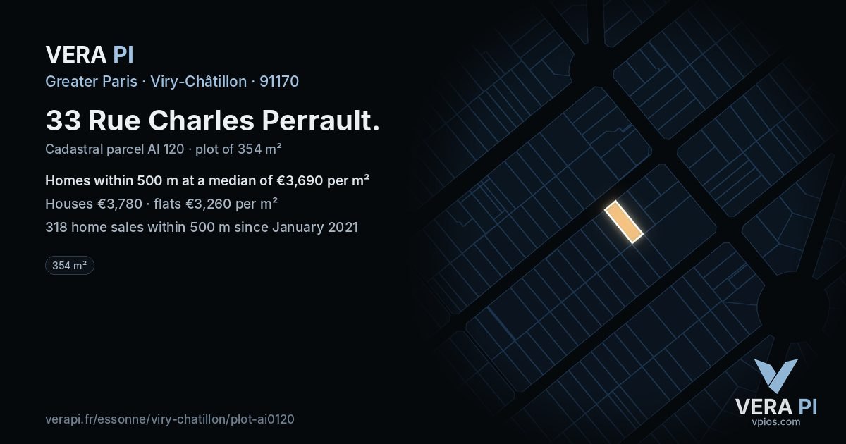 33 Rue Charles Perrault, Viry-Châtillon at night – the plot lit, the parcels around coloured by the prices near them