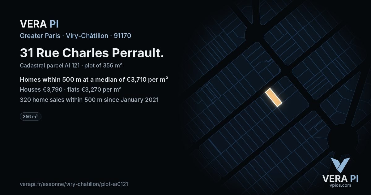 31 Rue Charles Perrault, Viry-Châtillon at night – the plot lit, the parcels around coloured by the prices near them