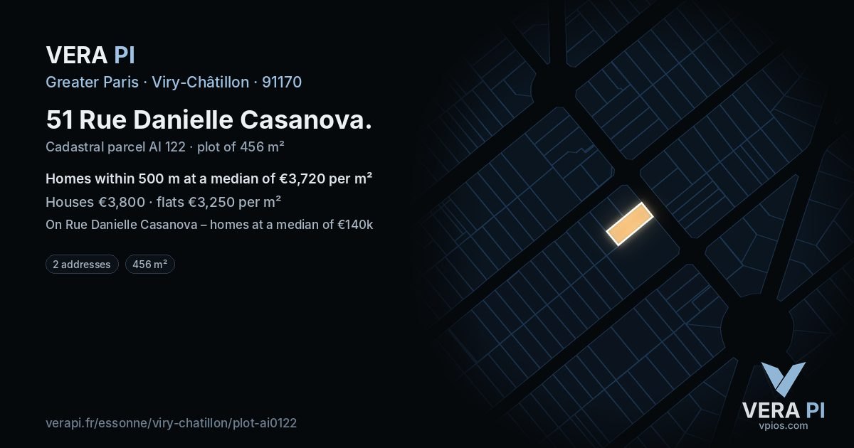51 Rue Danielle Casanova, Viry-Châtillon at night – the plot lit, the parcels around coloured by the prices near them