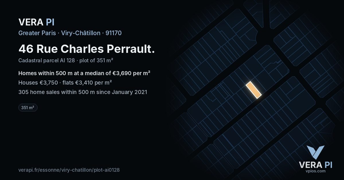 46 Rue Charles Perrault, Viry-Châtillon at night – the plot lit, the parcels around coloured by the prices near them