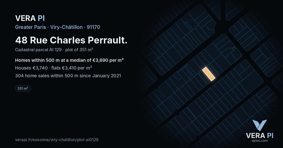 48 Rue Charles Perrault, Viry-Châtillon at night – the plot lit, the parcels around coloured by the prices near them