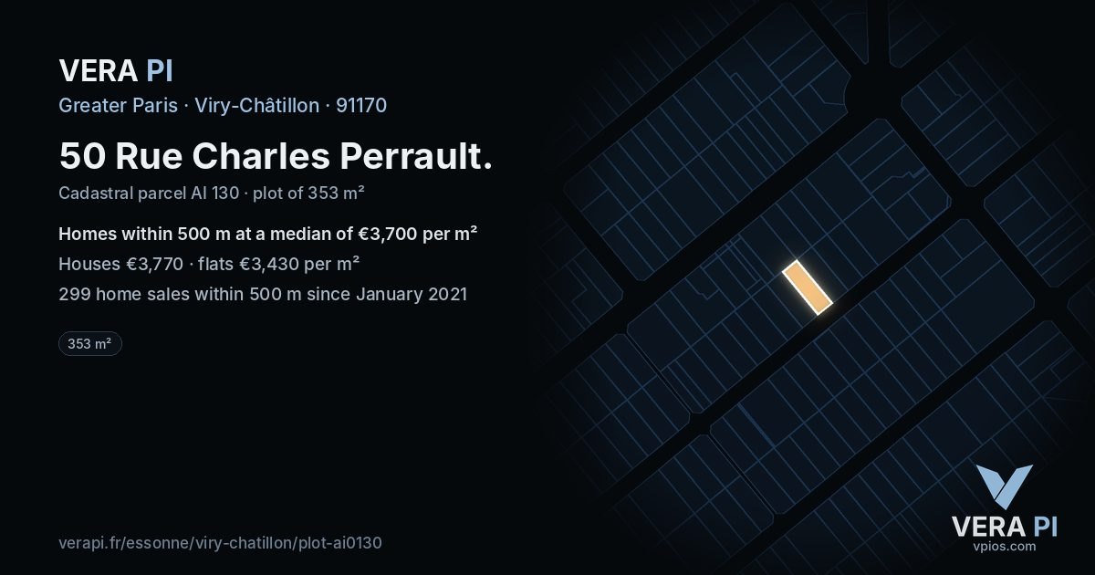 50 Rue Charles Perrault, Viry-Châtillon at night – the plot lit, the parcels around coloured by the prices near them