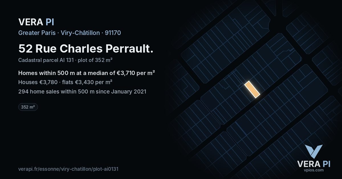 52 Rue Charles Perrault, Viry-Châtillon at night – the plot lit, the parcels around coloured by the prices near them