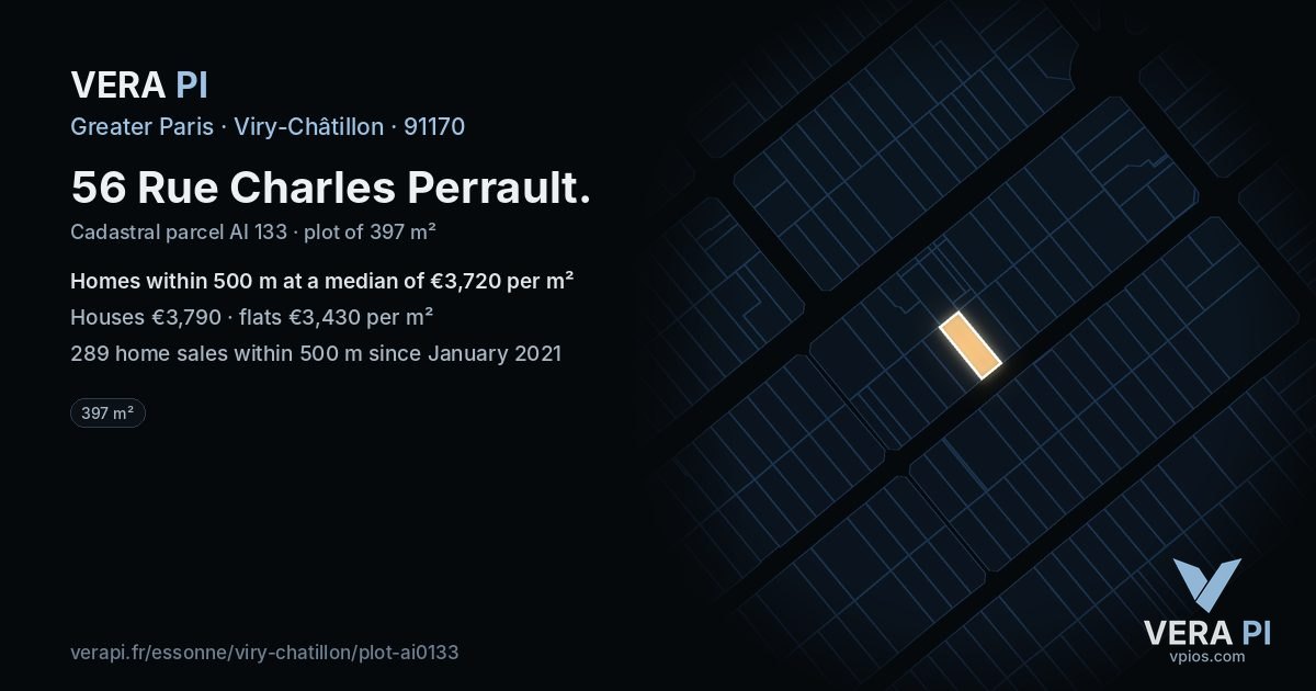 56 Rue Charles Perrault, Viry-Châtillon at night – the plot lit, the parcels around coloured by the prices near them