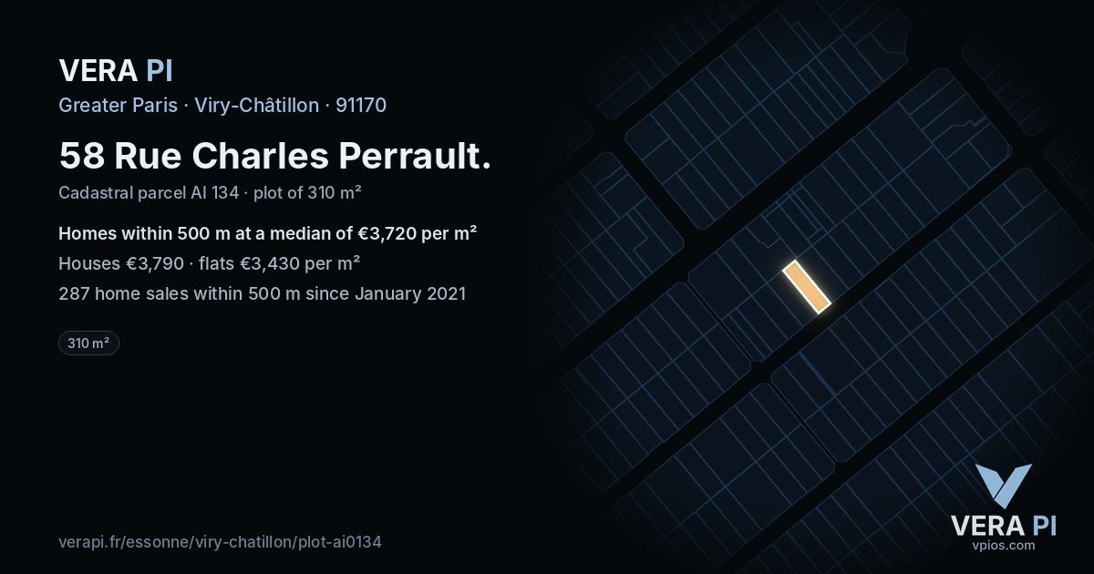 58 Rue Charles Perrault, Viry-Châtillon at night – the plot lit, the parcels around coloured by the prices near them