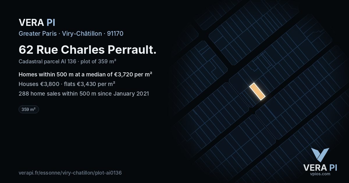 62 Rue Charles Perrault, Viry-Châtillon at night – the plot lit, the parcels around coloured by the prices near them