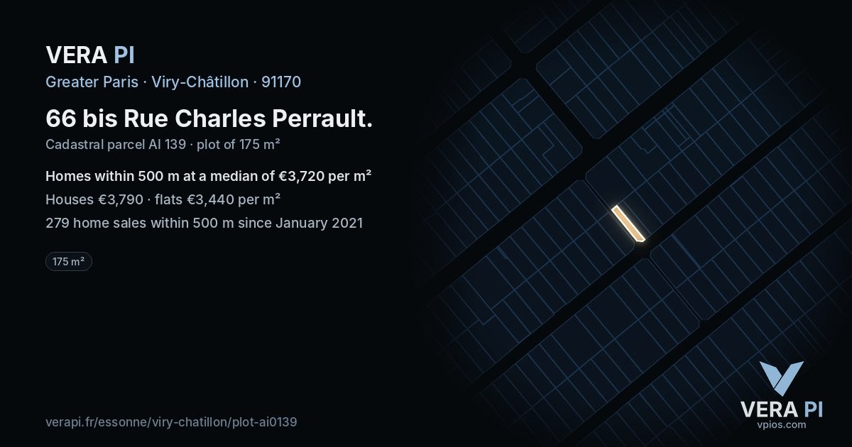66 bis Rue Charles Perrault, Viry-Châtillon at night – the plot lit, the parcels around coloured by the prices near them