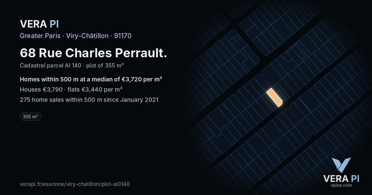 68 Rue Charles Perrault, Viry-Châtillon at night – the plot lit, the parcels around coloured by the prices near them