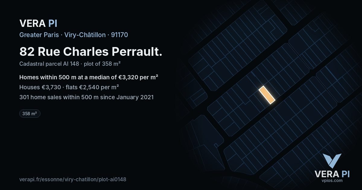 82 Rue Charles Perrault, Viry-Châtillon at night – the plot lit, the parcels around coloured by the prices near them
