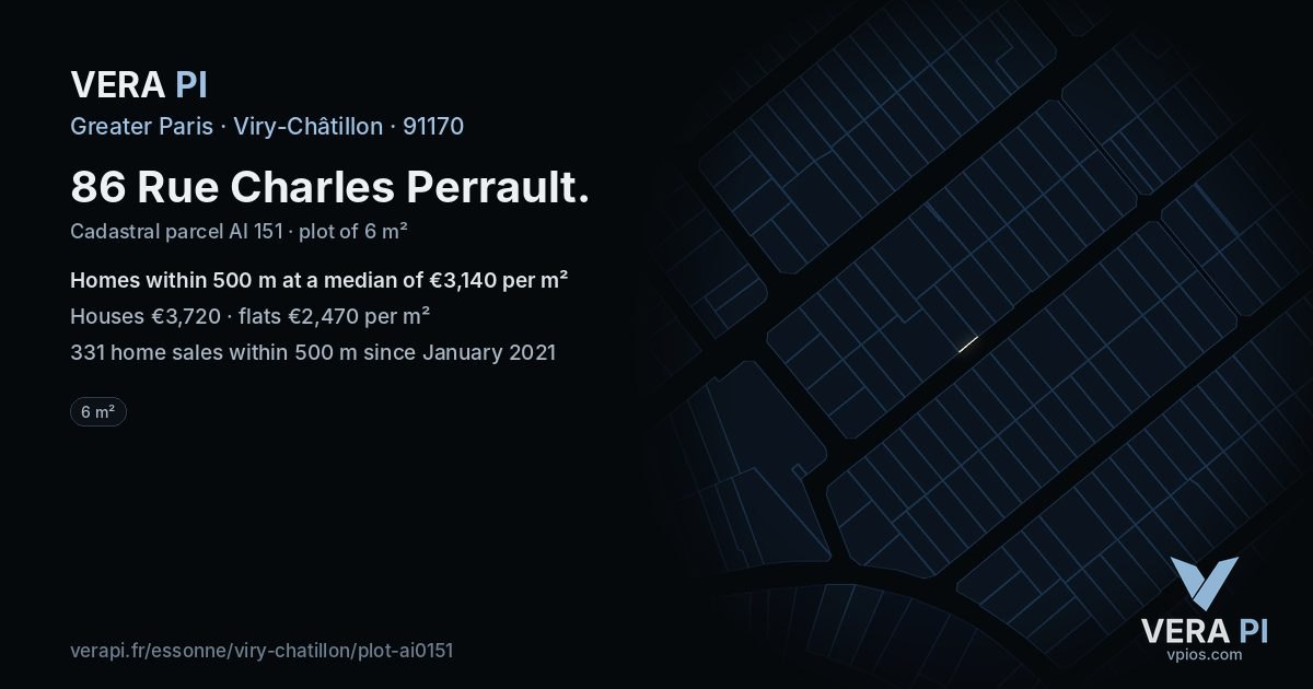86 Rue Charles Perrault, Viry-Châtillon at night – the plot lit, the parcels around coloured by the prices near them