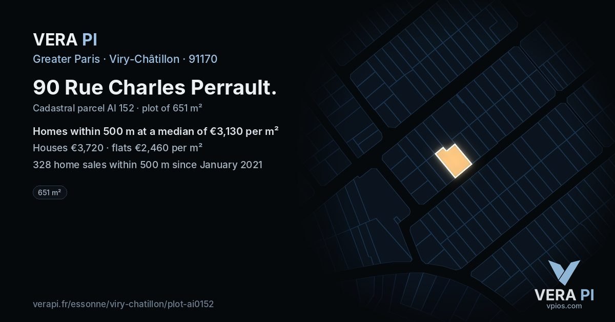 90 Rue Charles Perrault, Viry-Châtillon at night – the plot lit, the parcels around coloured by the prices near them