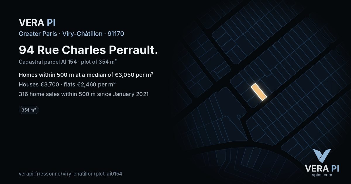 94 Rue Charles Perrault, Viry-Châtillon at night – the plot lit, the parcels around coloured by the prices near them
