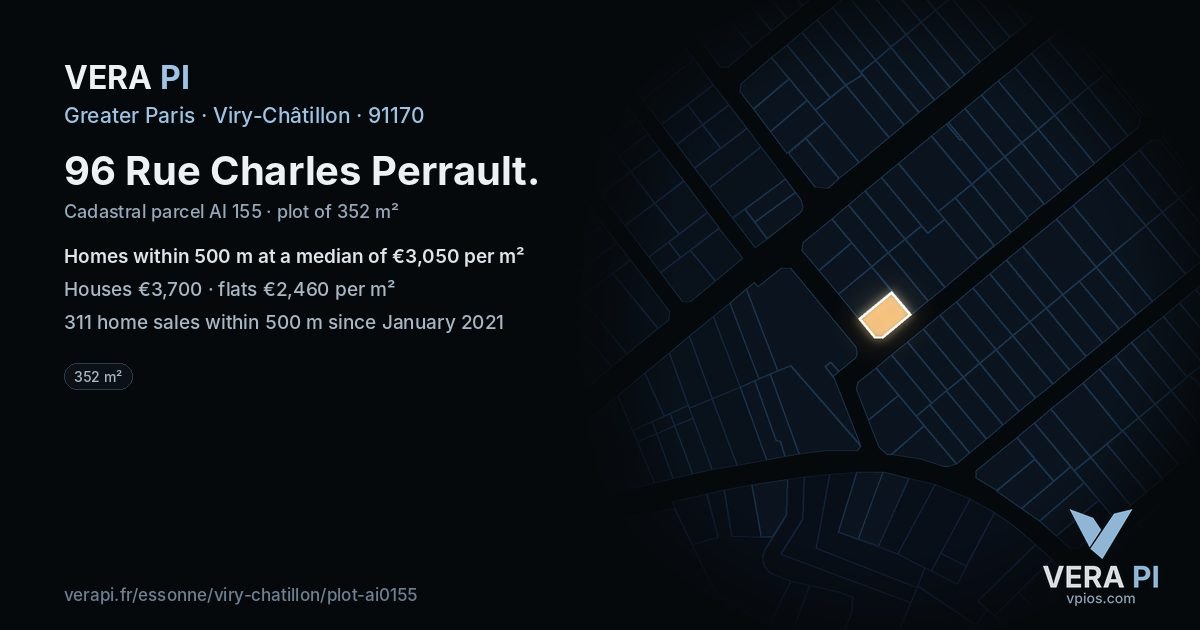 96 Rue Charles Perrault, Viry-Châtillon at night – the plot lit, the parcels around coloured by the prices near them