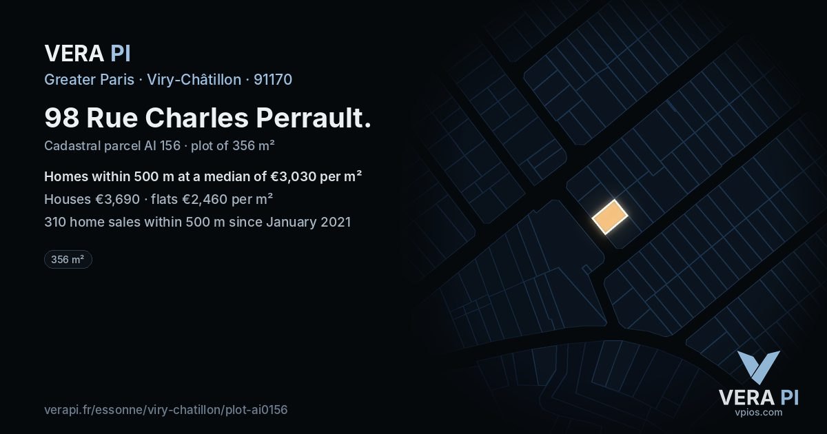 98 Rue Charles Perrault, Viry-Châtillon at night – the plot lit, the parcels around coloured by the prices near them