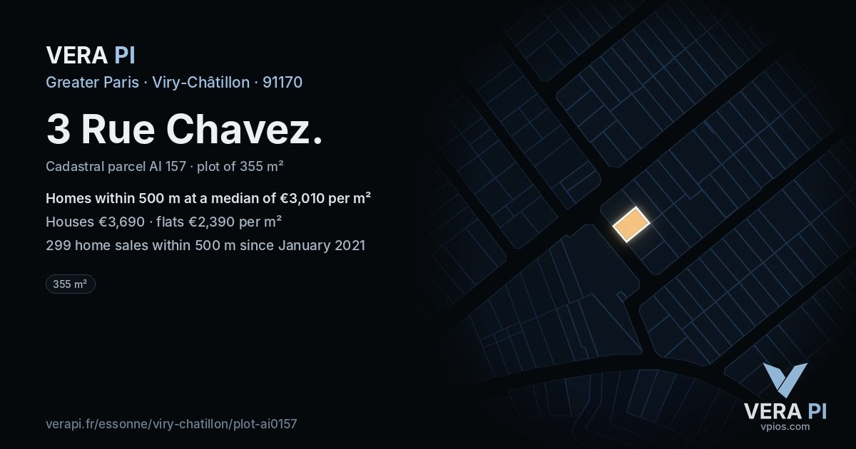3 Rue Chavez, Viry-Châtillon at night – the plot lit, the parcels around coloured by the prices near them