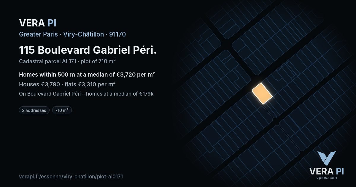 115 Boulevard Gabriel Péri, Viry-Châtillon at night – the plot lit, the parcels around coloured by the prices near them