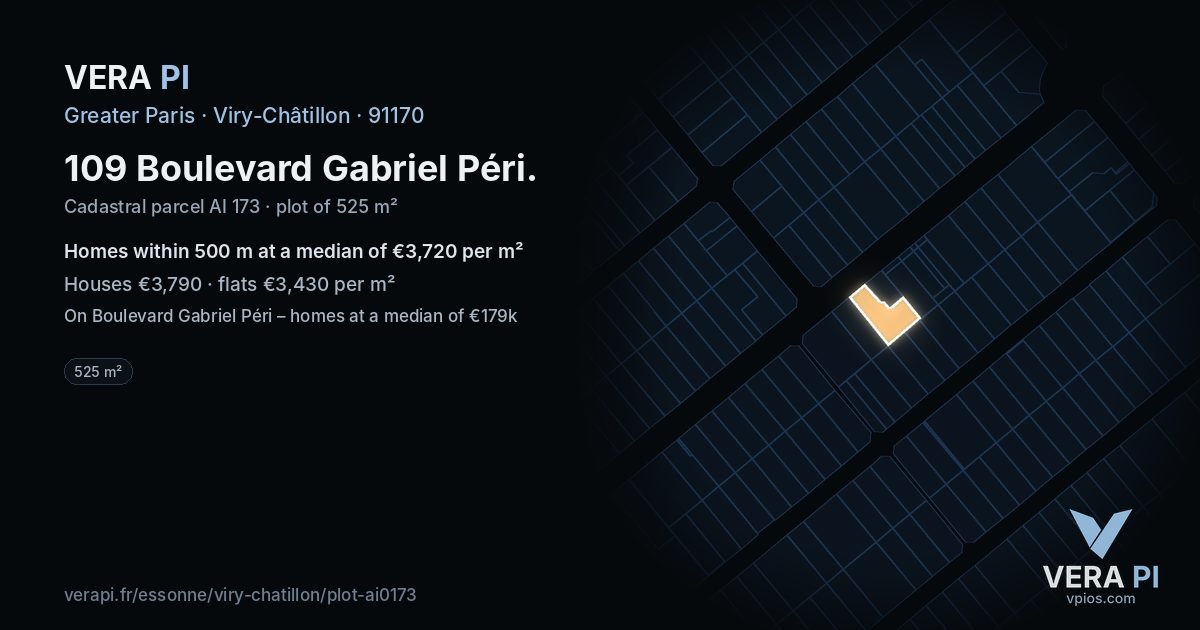 109 Boulevard Gabriel Péri, Viry-Châtillon at night – the plot lit, the parcels around coloured by the prices near them