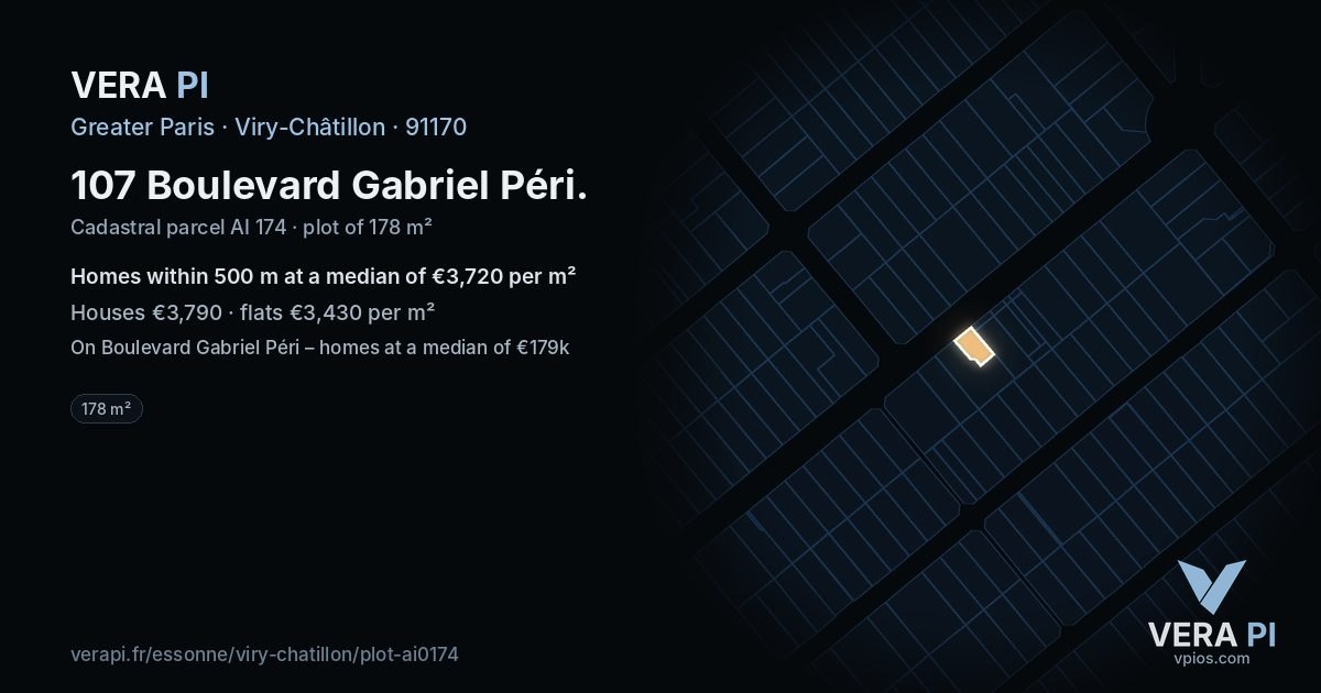 107 Boulevard Gabriel Péri, Viry-Châtillon at night – the plot lit, the parcels around coloured by the prices near them