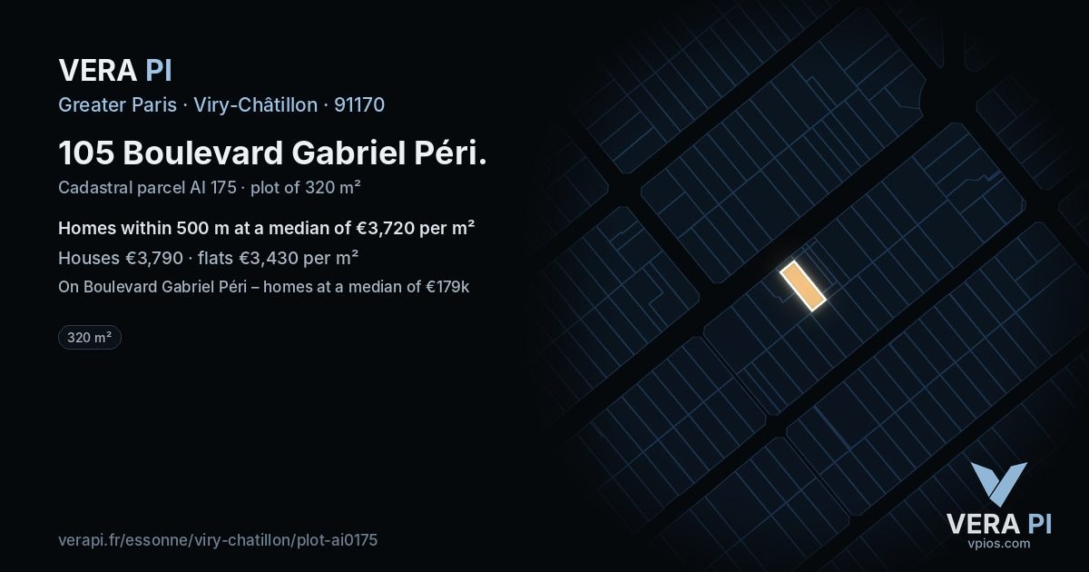 105 Boulevard Gabriel Péri, Viry-Châtillon at night – the plot lit, the parcels around coloured by the prices near them