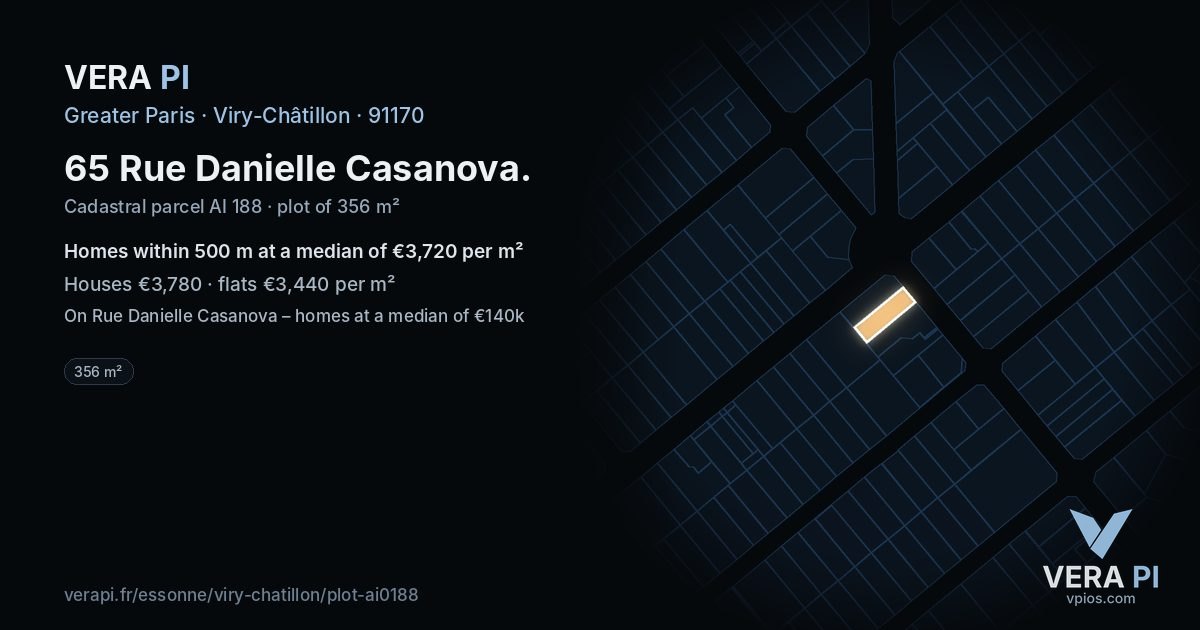 65 Rue Danielle Casanova, Viry-Châtillon at night – the plot lit, the parcels around coloured by the prices near them