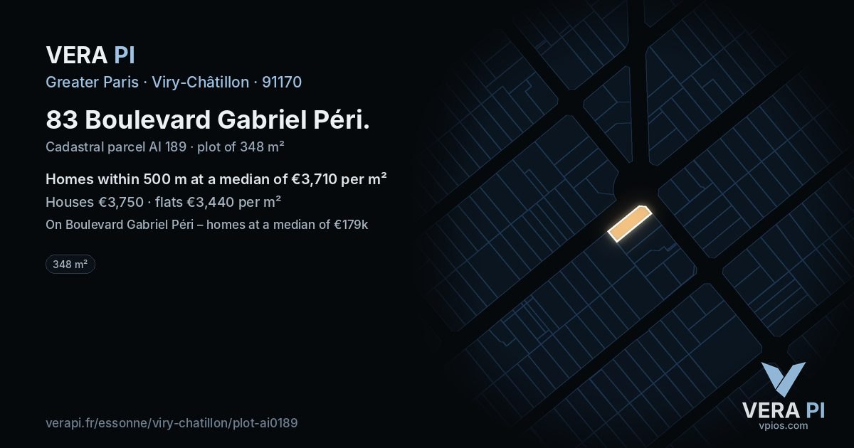 83 Boulevard Gabriel Péri, Viry-Châtillon at night – the plot lit, the parcels around coloured by the prices near them