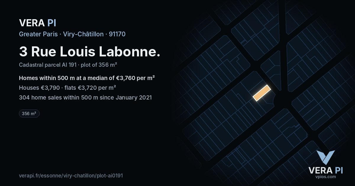 3 Rue Louis Labonne, Viry-Châtillon at night – the plot lit, the parcels around coloured by the prices near them
