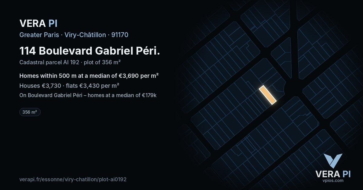 114 Boulevard Gabriel Péri, Viry-Châtillon at night – the plot lit, the parcels around coloured by the prices near them