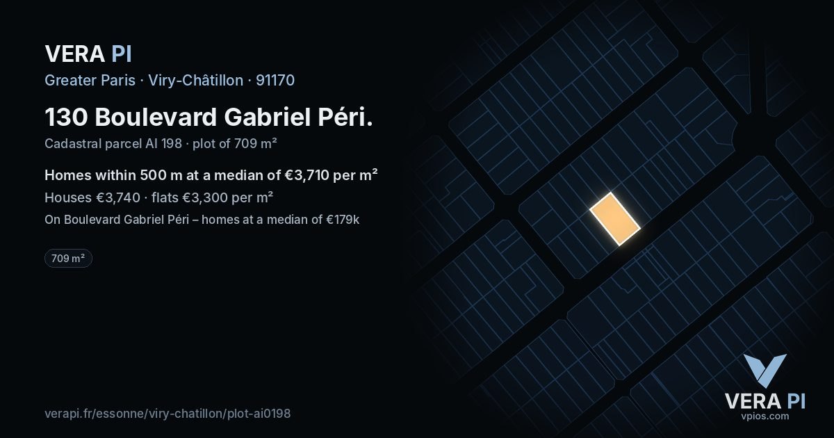 130 Boulevard Gabriel Péri, Viry-Châtillon at night – the plot lit, the parcels around coloured by the prices near them