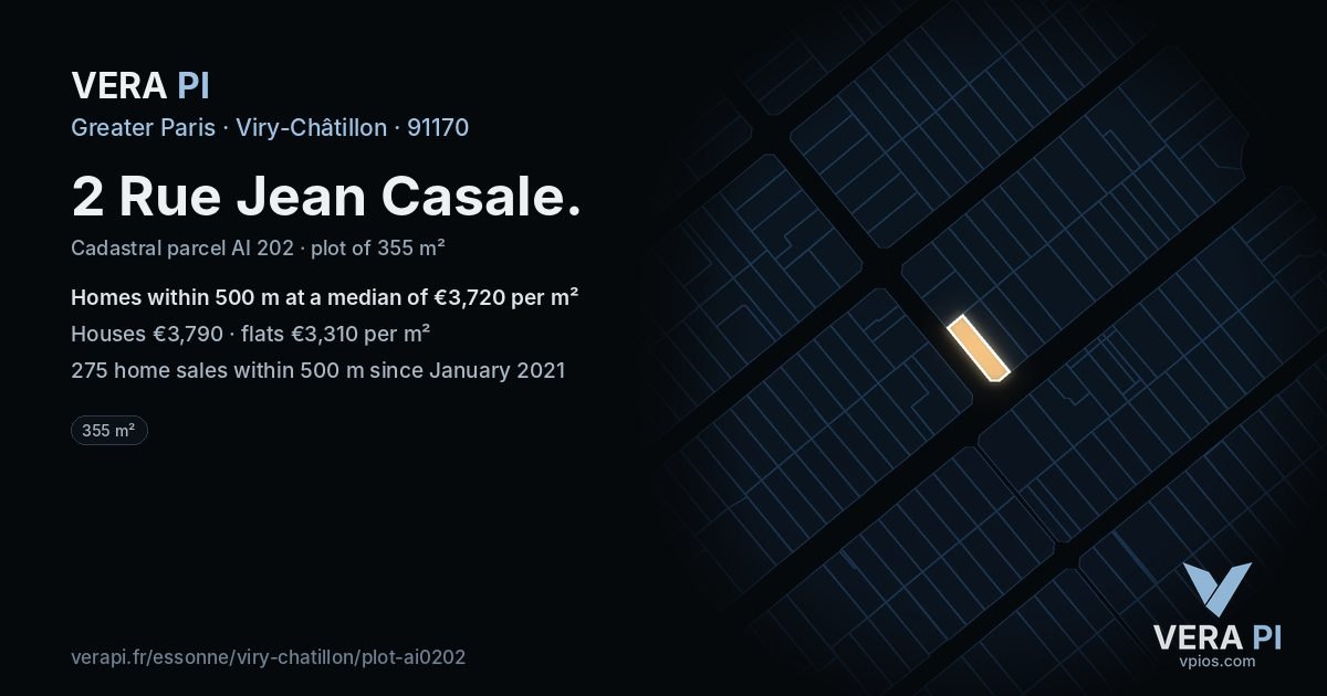 2 Rue Jean Casale, Viry-Châtillon at night – the plot lit, the parcels around coloured by the prices near them
