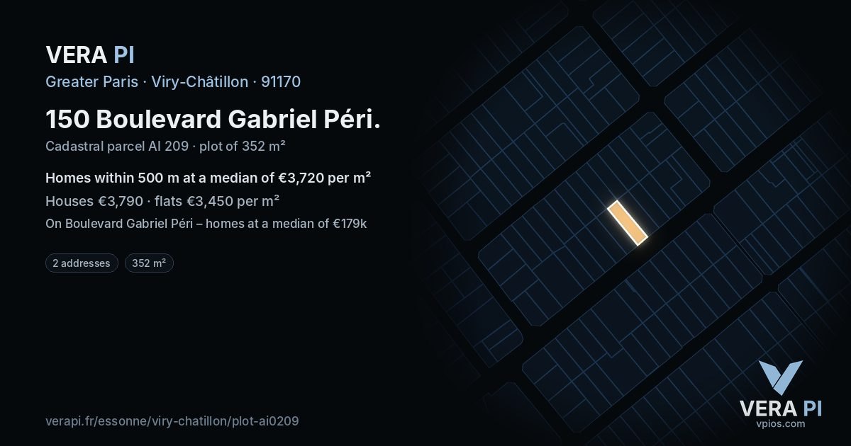 150 Boulevard Gabriel Péri, Viry-Châtillon at night – the plot lit, the parcels around coloured by the prices near them