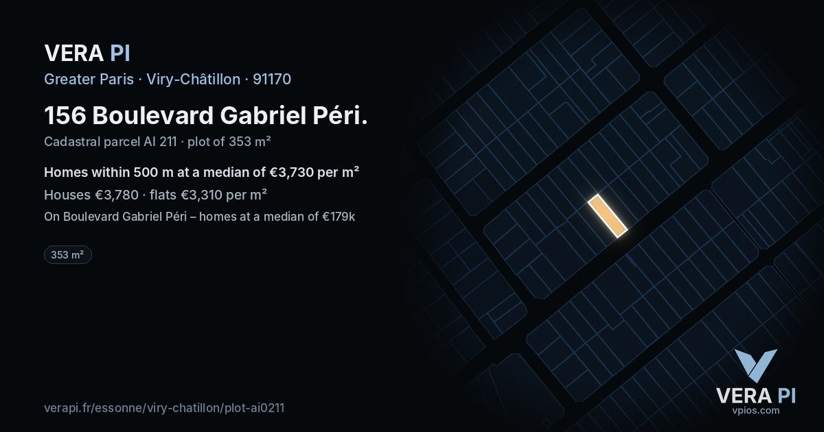 156 Boulevard Gabriel Péri, Viry-Châtillon at night – the plot lit, the parcels around coloured by the prices near them