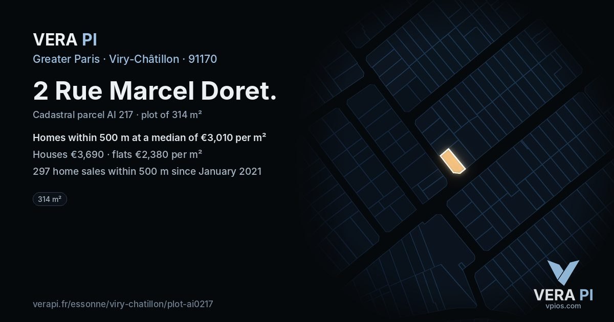 2 Rue Marcel Doret, Viry-Châtillon at night – the plot lit, the parcels around coloured by the prices near them