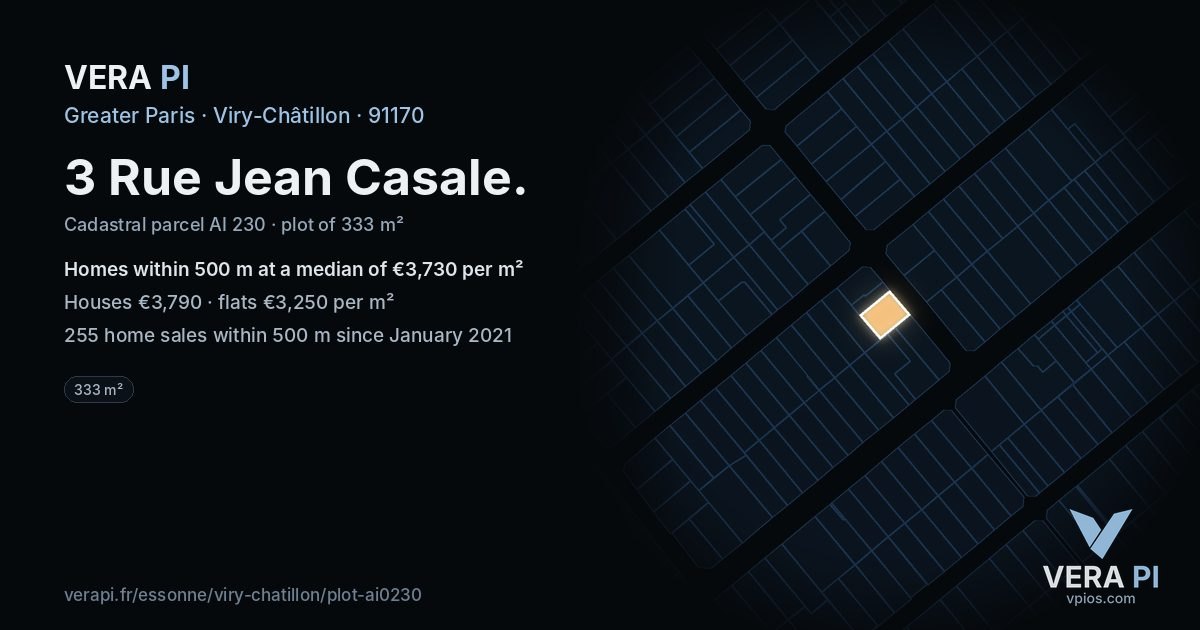 3 Rue Jean Casale, Viry-Châtillon at night – the plot lit, the parcels around coloured by the prices near them