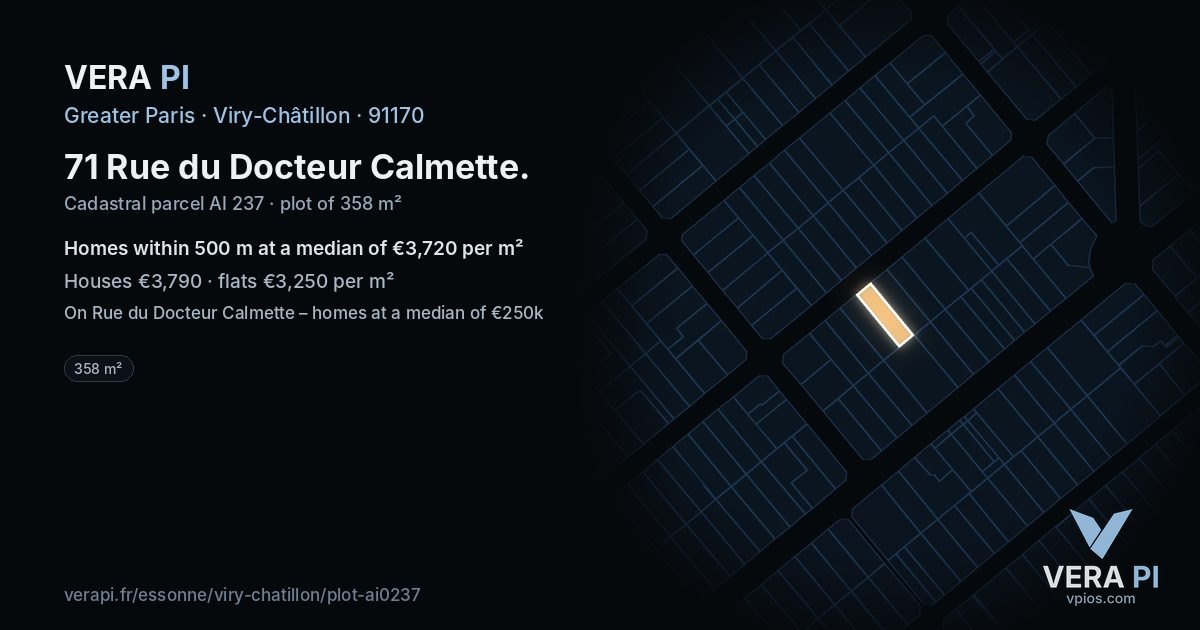 71 Rue du Docteur Calmette, Viry-Châtillon at night – the plot lit, the parcels around coloured by the prices near them