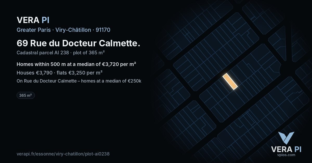 69 Rue du Docteur Calmette, Viry-Châtillon at night – the plot lit, the parcels around coloured by the prices near them