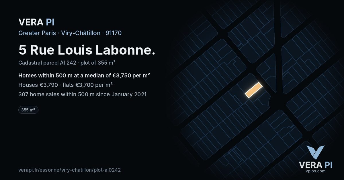 5 Rue Louis Labonne, Viry-Châtillon at night – the plot lit, the parcels around coloured by the prices near them