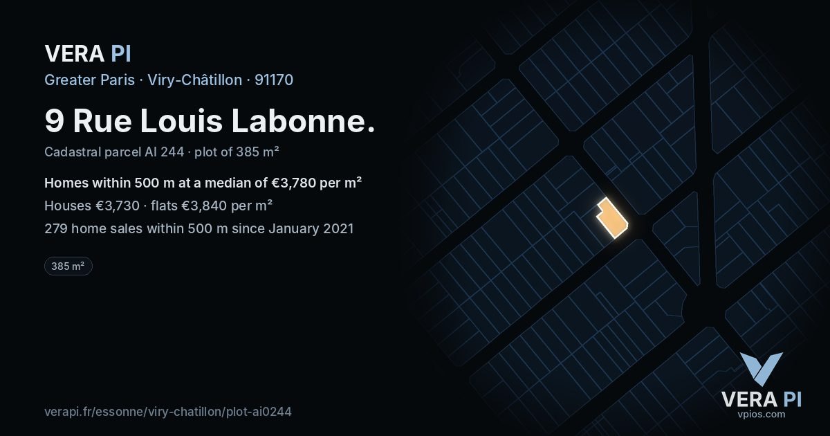 9 Rue Louis Labonne, Viry-Châtillon at night – the plot lit, the parcels around coloured by the prices near them