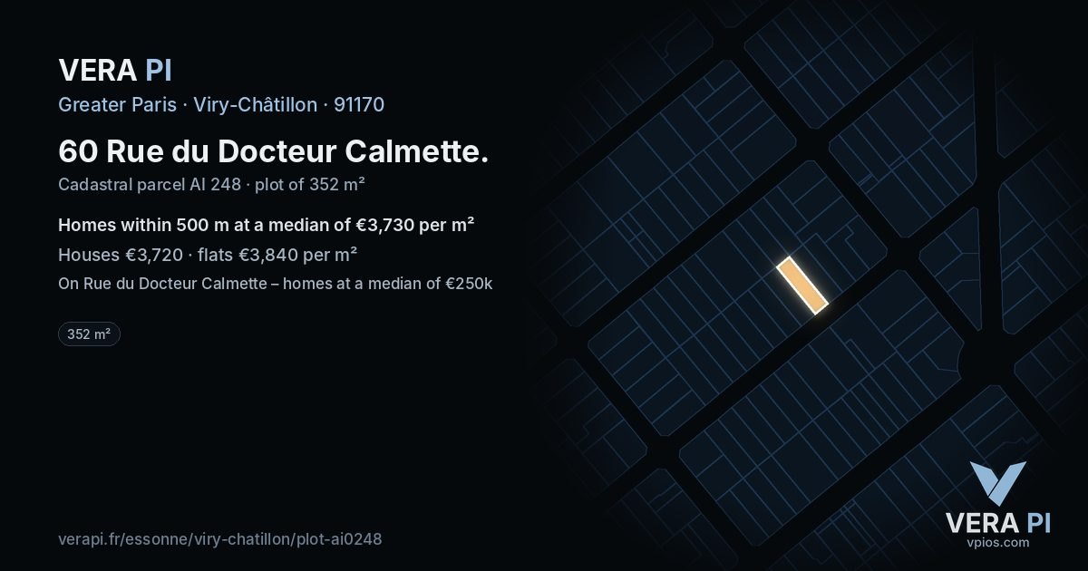 60 Rue du Docteur Calmette, Viry-Châtillon at night – the plot lit, the parcels around coloured by the prices near them