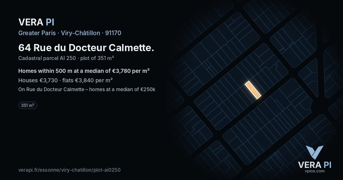 64 Rue du Docteur Calmette, Viry-Châtillon at night – the plot lit, the parcels around coloured by the prices near them