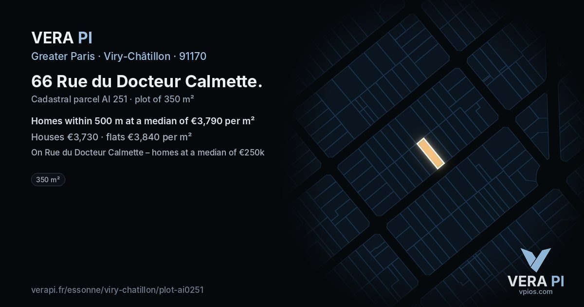 66 Rue du Docteur Calmette, Viry-Châtillon at night – the plot lit, the parcels around coloured by the prices near them