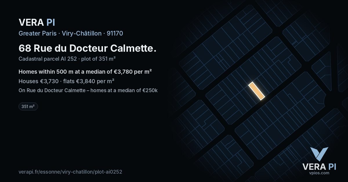 68 Rue du Docteur Calmette, Viry-Châtillon at night – the plot lit, the parcels around coloured by the prices near them