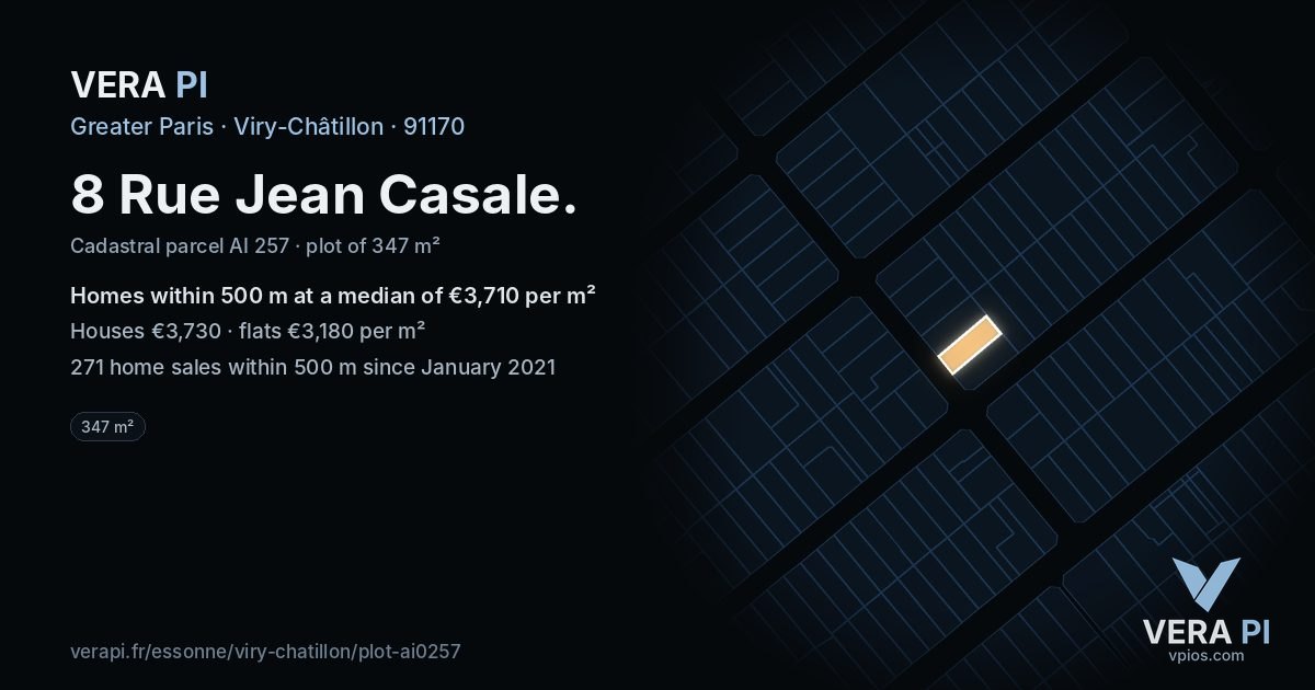 8 Rue Jean Casale, Viry-Châtillon at night – the plot lit, the parcels around coloured by the prices near them