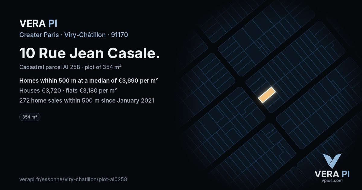 10 Rue Jean Casale, Viry-Châtillon at night – the plot lit, the parcels around coloured by the prices near them