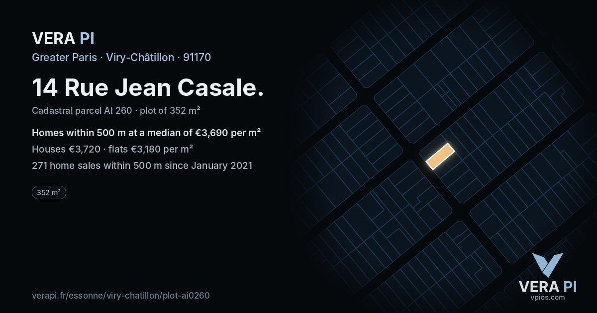 14 Rue Jean Casale, Viry-Châtillon at night – the plot lit, the parcels around coloured by the prices near them