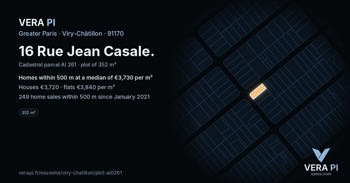 16 Rue Jean Casale, Viry-Châtillon at night – the plot lit, the parcels around coloured by the prices near them