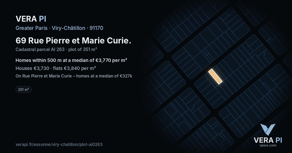 69 Rue Pierre et Marie Curie, Viry-Châtillon at night – the plot lit, the parcels around coloured by the prices near them