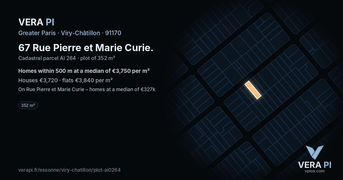 67 Rue Pierre et Marie Curie, Viry-Châtillon at night – the plot lit, the parcels around coloured by the prices near them