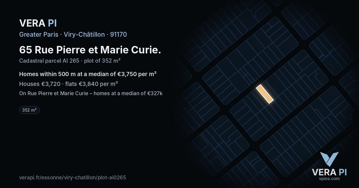 65 Rue Pierre et Marie Curie, Viry-Châtillon at night – the plot lit, the parcels around coloured by the prices near them