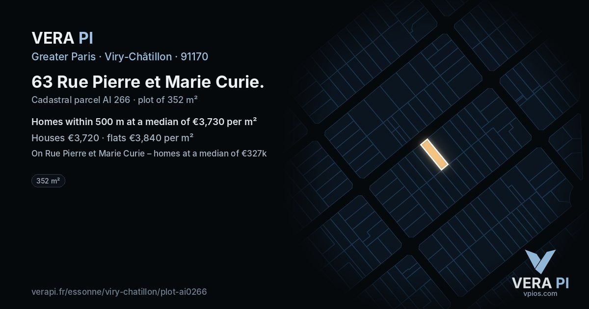 63 Rue Pierre et Marie Curie, Viry-Châtillon at night – the plot lit, the parcels around coloured by the prices near them