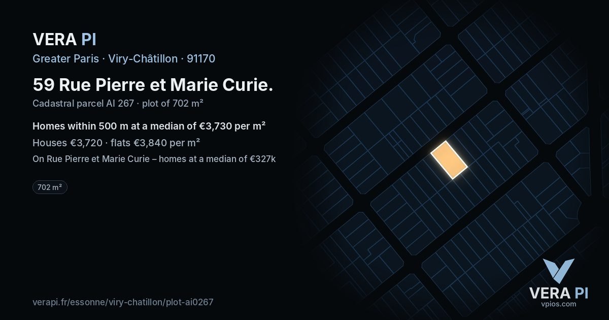 59 Rue Pierre et Marie Curie, Viry-Châtillon at night – the plot lit, the parcels around coloured by the prices near them